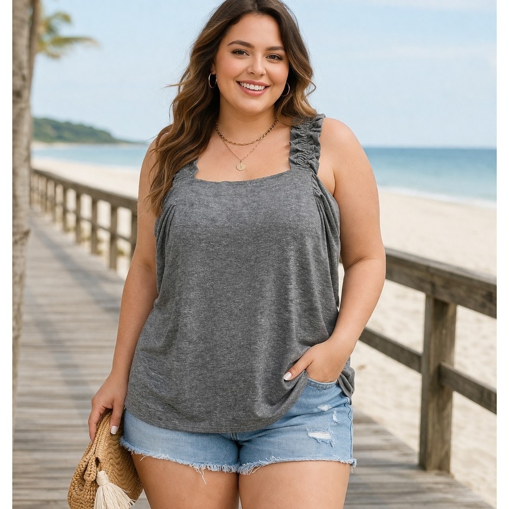 78 & Sunny Tank Top 1X Gray Heather Double Layer Ruched Strap S